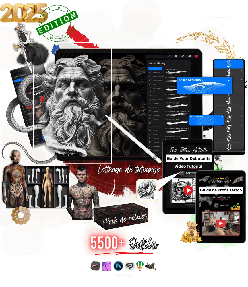 Image promotionnelle pour le Méga Bundle des Artistes Tatoueurs mettant en avant des outils pour Procreate, y compris des modèles 3D, des lettrages de tatouage, des pochoirs, et un tutoriel vidéo pour débutants, avec plus de 5000 outils.