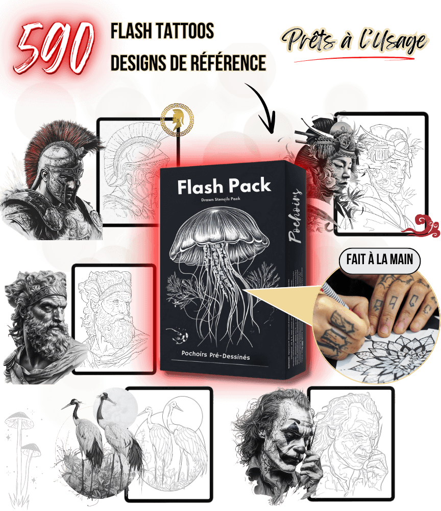 Kit de référence pour pochoirs de tatouage prédessinés avec des motifs de Spartiates. Comprend un pochoir prédessiné d'un casque spartiate à gauche et un design de référence détaillé à droite. Catégorie : Spartiates avec 45 designs disponibles. Options pour prévisualiser les designs et les télécharger dans différents formats, notamment Google Drive, PDF, PNG et Procreate.